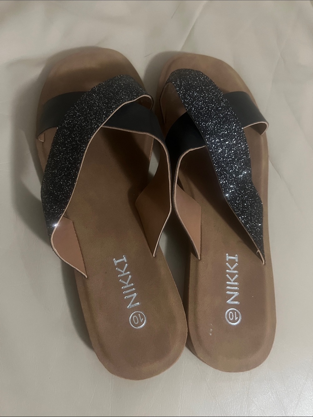 NIKKI Black Glitter Cross-Strap Women's Slide Sandals